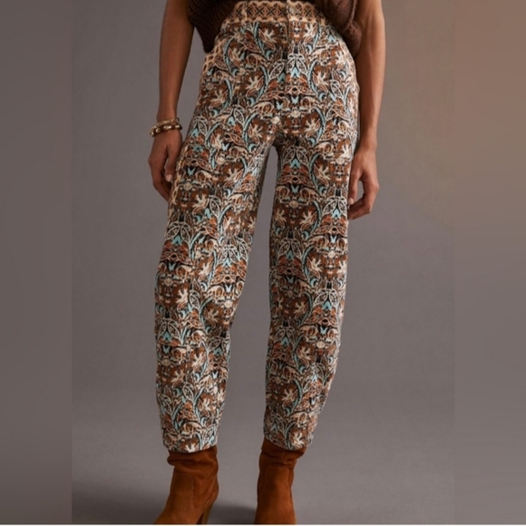 Anthropologue Print Velvet Cargo Barrel Leg Pant Size 8 - Picture 6 of 15